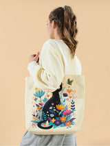 1pc,black cat tote bag, reusable fashion tote bag, multi-functional tote bag, printed canvas shopping bag