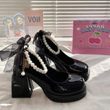 Fashion Women's High Heels with Elegant Bows Women Shoes Thick Heel Shoes for Women Retro Party Square Toe Pearl Sandals