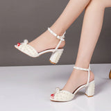 Sweet Handmade Pearl Stiletto Line With Shallow Cut Party Wedding Shoes Thick Heels High Heels For Women