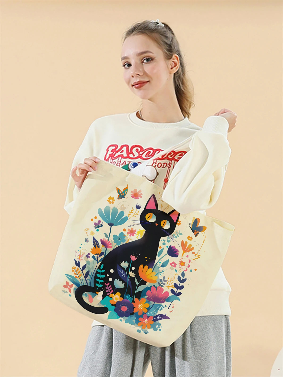 1pc,black cat tote bag, reusable fashion tote bag, multi-functional tote bag, printed canvas shopping bag
