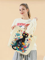 1pc,black cat tote bag, reusable fashion tote bag, multi-functional tote bag, printed canvas shopping bag