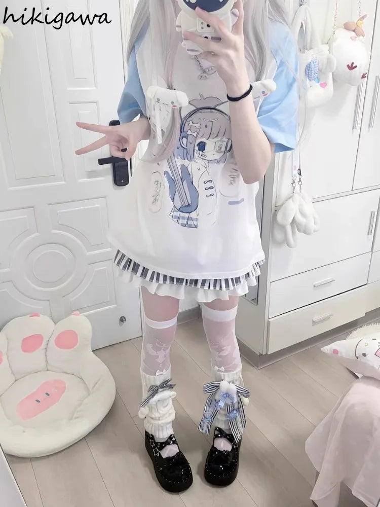 2025 Ropa Mujer Japanese Tshirts for Women Oversized Tops Patchwork Summer Tees Anime Print Casual T Shirt Fashion Y2k T-shirts