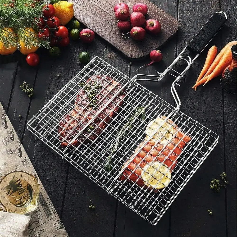 1pc Folding Outdoor Camping Stainless Steel BBQ Rack With Removable Handle Grilling Basket Barbeque Griller Cooking Tools