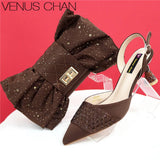 2025 Heel Shoes for Women Hollowed Out Embroidery Rhinestone Italian Design Green Color Pointed-Toe Shoes and Bags Set