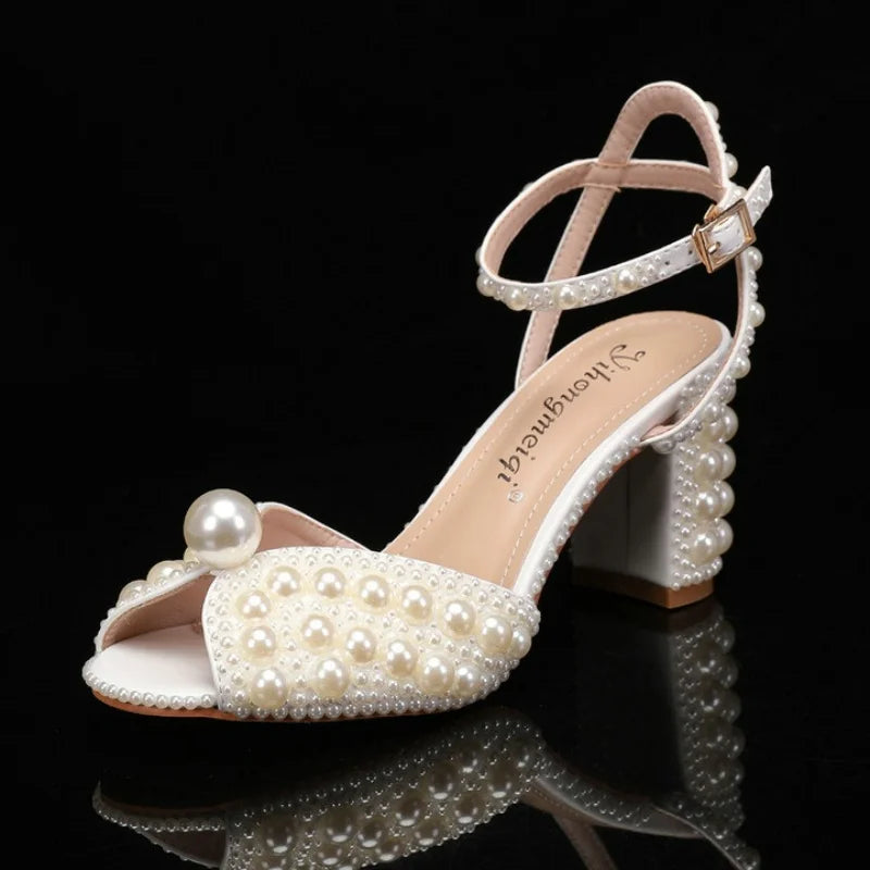 Sweet Handmade Pearl Stiletto Line With Shallow Cut Party Wedding Shoes Thick Heels High Heels For Women