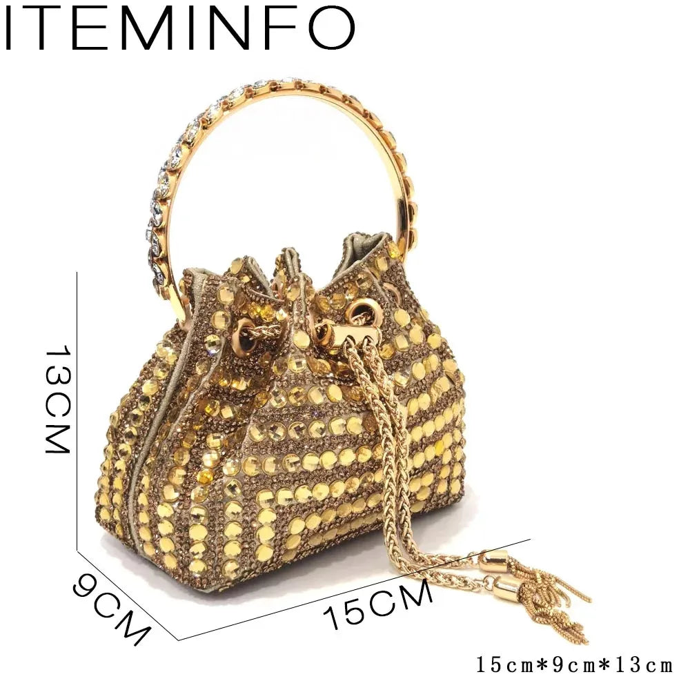 Popularity Pointed Toe Heels for Women 2024 Elegant Party Golden Color Full Diamond Pumps Italian Shoes and Bags Matching Set