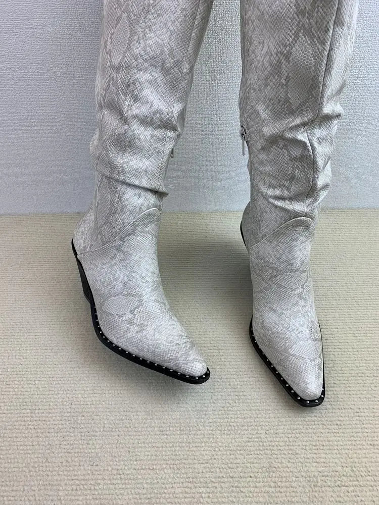 Designer Brand New Fall Winter Pointy Toe Thick Heel Serpentine Vintage Boots Botas De Invierno Para Mujer Hot Selling