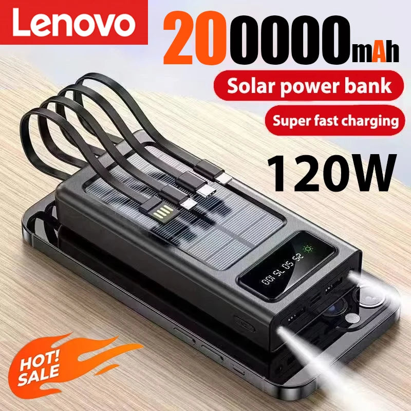 Lenovo 200000mah Large Capacity Solar PowerBank Built 4 Cables Portable Fast Charging Usb Ports Charger Powerbank For All Phones