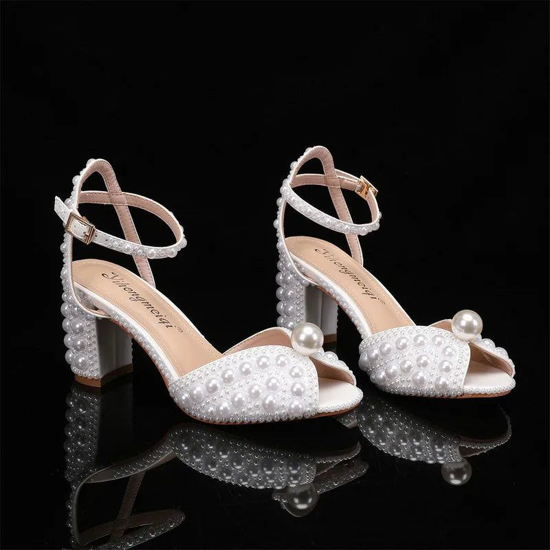 Sweet Handmade Pearl Stiletto Line With Shallow Cut Party Wedding Shoes Thick Heels High Heels For Women