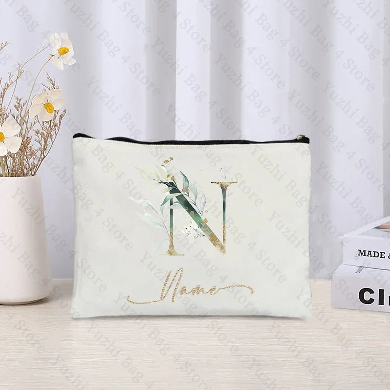 26 letters Flowers Custom Name Printed Makeup Bag Bridesmaid Wedding Makeup Box Gift Organizer Travel perfume Toilet Side Bag