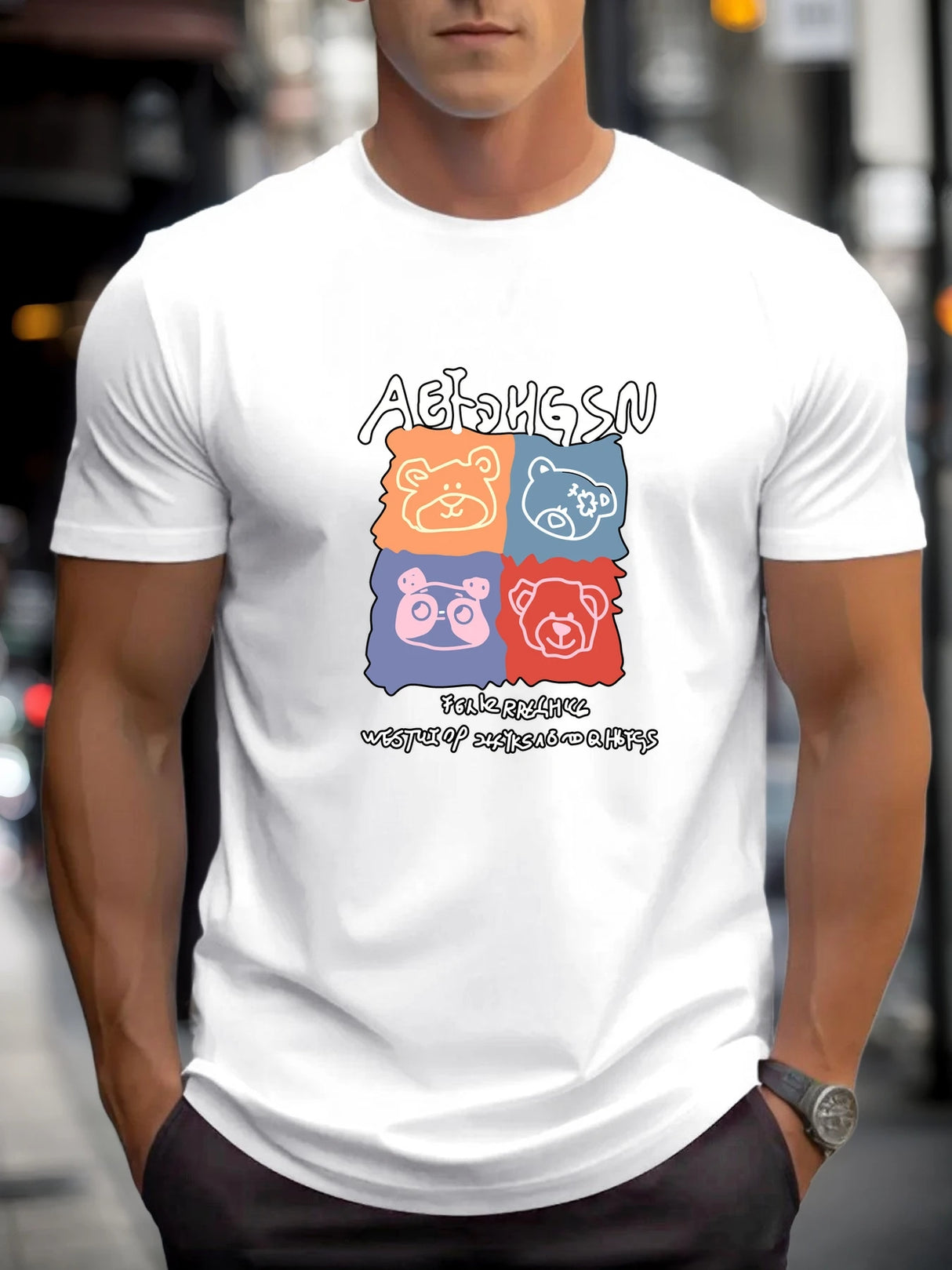 T Shirts For Men Bear 100% Cotton Graphic Printing Summer Round Neck T-Shirt Casual Breathable Street Style Daily Top