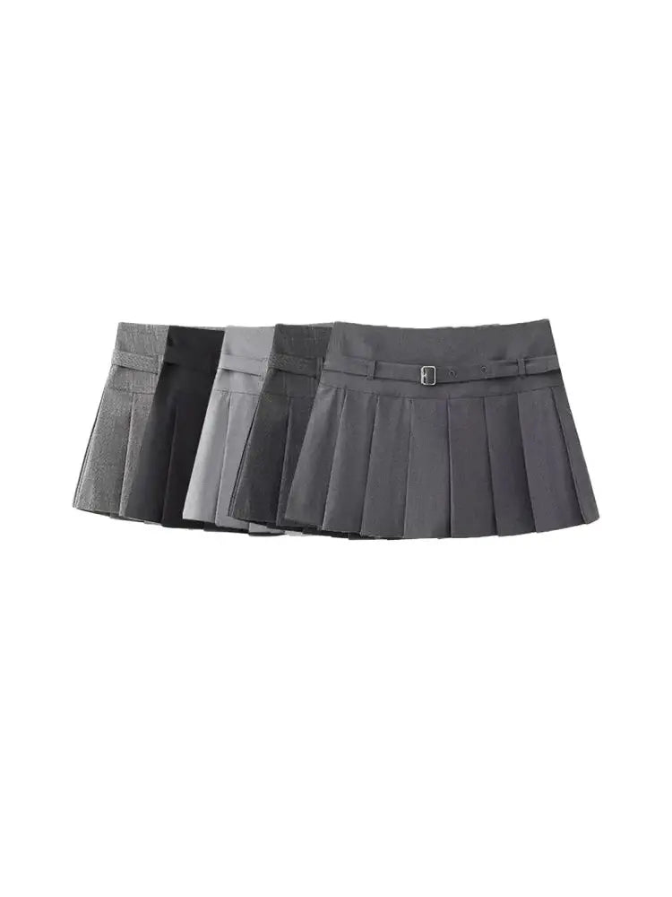 TRZA-Pleated Shorts Skirts for Women, With Belt,Side Zipper, Mid Waist, Female Skort,Fashion