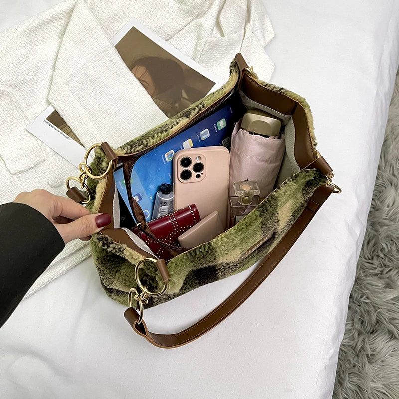 Women's Tote Bag Plaid Pattern Sherpa Large Capacity Tote Bag Shopping Chroma Handbag