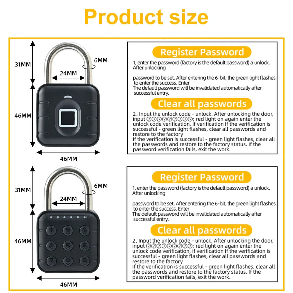 Smart Door Pad Lock Electronic Fingerprint Padlock Keyless USB Rechargeable Quick Unlock Zinc alloy Metal Self Developing Chip