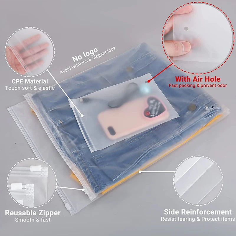 10PCS Travel Frosted Ziplock Bag PE Storage Bag Plastic Zipper EVA Translucent Bag Ziplock Bag Waterproof Packaging Bag