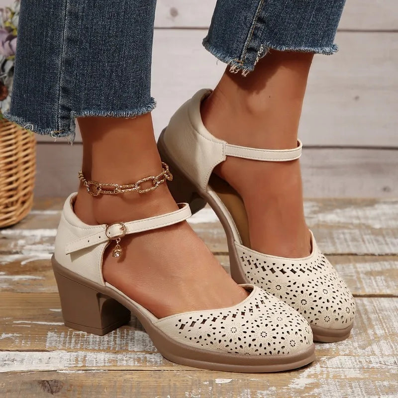Ankle Strap High Heels for Women 2025 Summer Hollow Out Breathable Woman Comfortable Baotou Chunky Heeled Mary Jane Shoes