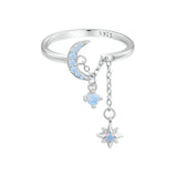 BAMOER 925 Sterling Silver Opal Star and Moon Chain Double Layer Ring for Women Wedding Adjustable Ring for Women Fine Jewelry