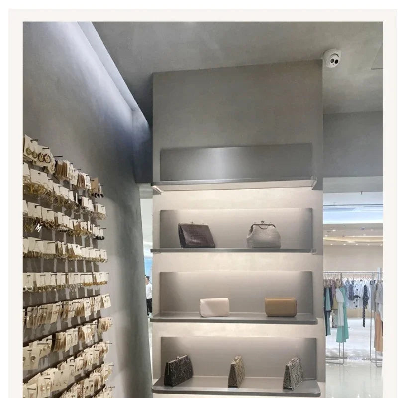 Shoe Bag Display Storage Rack with Lamp Modern Stainless Steel Wall Store Display Shelf Floating Wall Shelves Organization Racks
