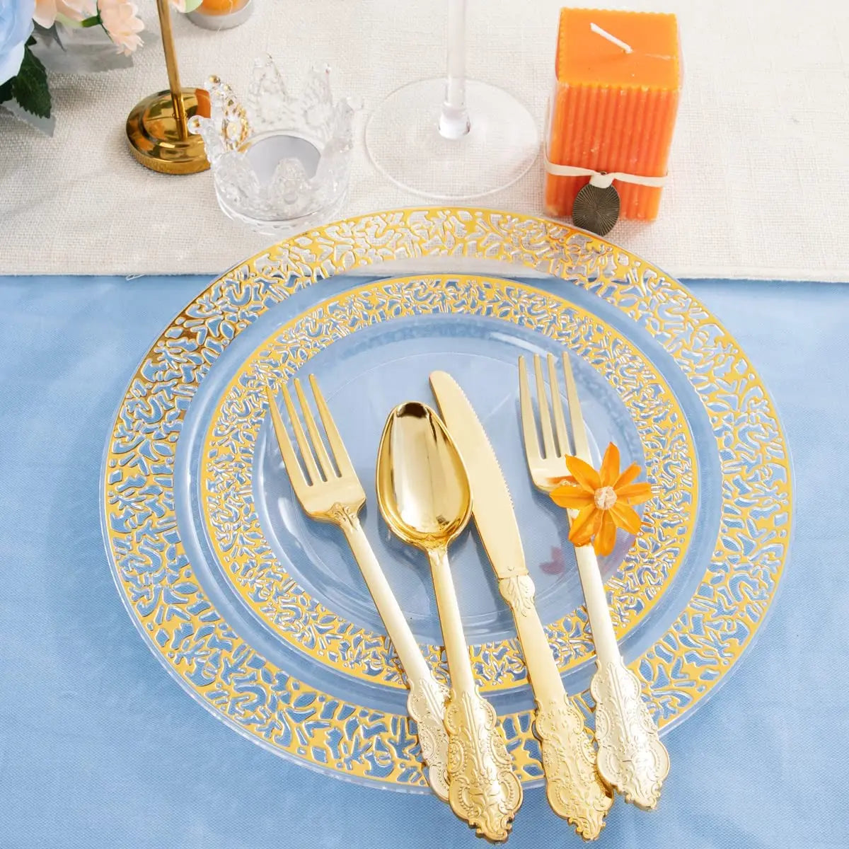 Gold Plastic Plates-Clear Plastic Party Plates, Premium Heavyweight Disposable Wedding Plates Dinner Plates Desser for holidays