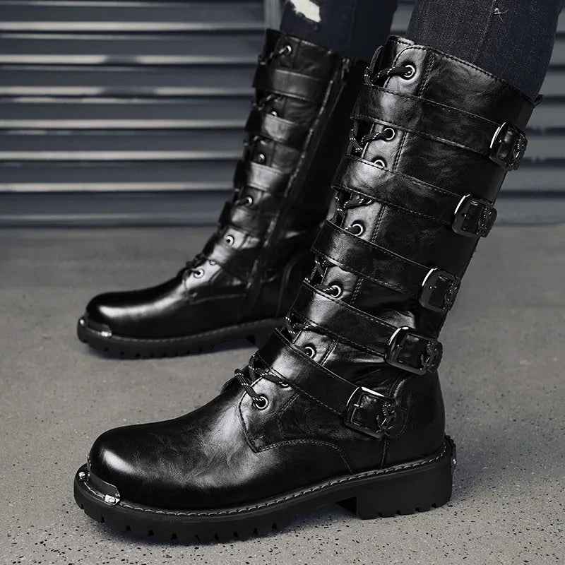 Black Motorcycle Boots Men's Leather High Boots Streetwear Designer Men Boots Punk Cowboy Boots Male Tooling Boots Big Size 46