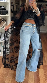 Spring Summer Fashion Solid Color Lace Blouses Women Sexy Perspective High Neck Irregular Holiday Tops Elegant Dress Women Y2k