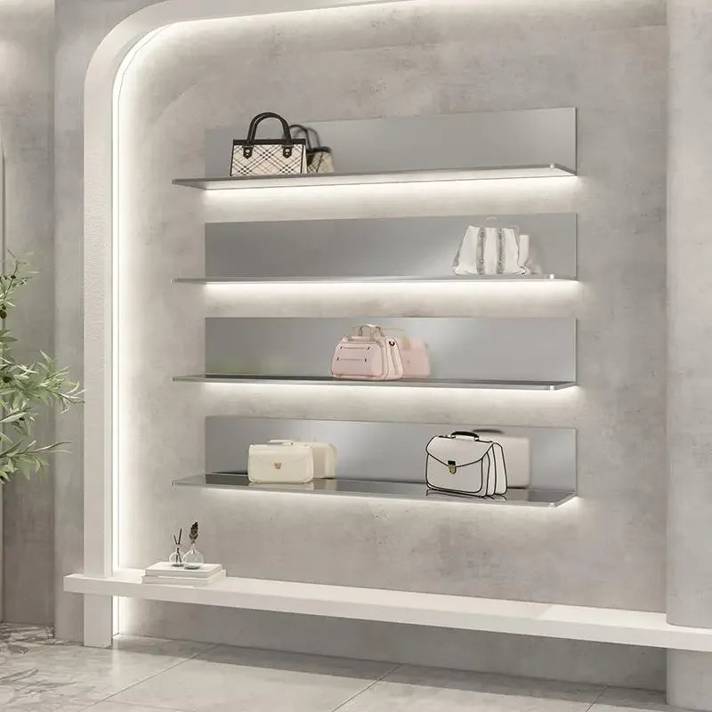 Shoe Bag Display Storage Rack with Lamp Modern Stainless Steel Wall Store Display Shelf Floating Wall Shelves Organization Racks