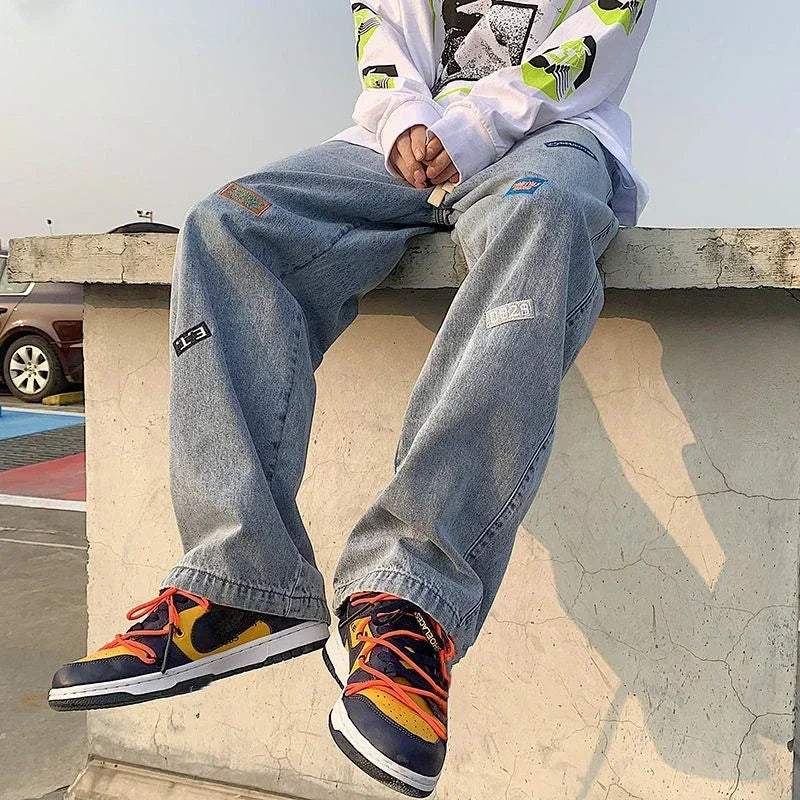 Jeans for Men with Print Trousers Graphic Hip Hop Male Cowboy Pants Light Blue Luxury Y2k Streetwear Aesthetic Harajuku Baggy Xs
