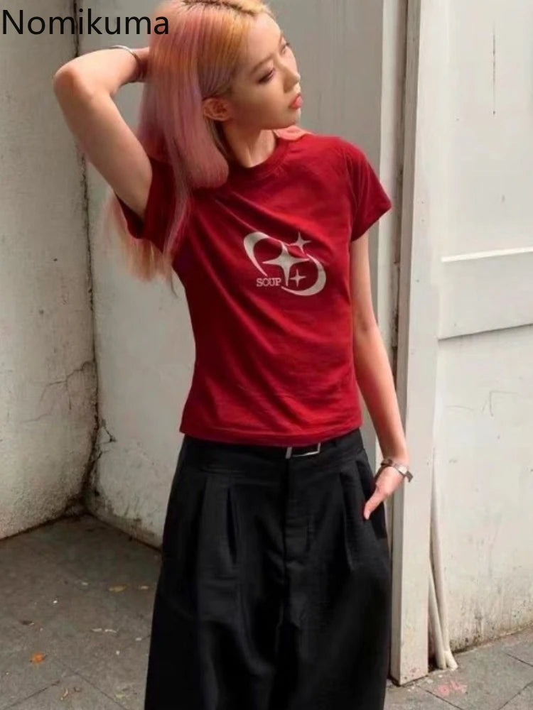 Red T-shirts for Women Y2k Tops Vintage Short Sleeve Print Tees Streetwear Tunic Tshirt Casual Fashion T Shirts 2025 Ropa Mujer