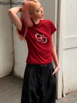 Red T-shirts for Women Y2k Tops Vintage Short Sleeve Print Tees Streetwear Tunic Tshirt Casual Fashion T Shirts 2025 Ropa Mujer