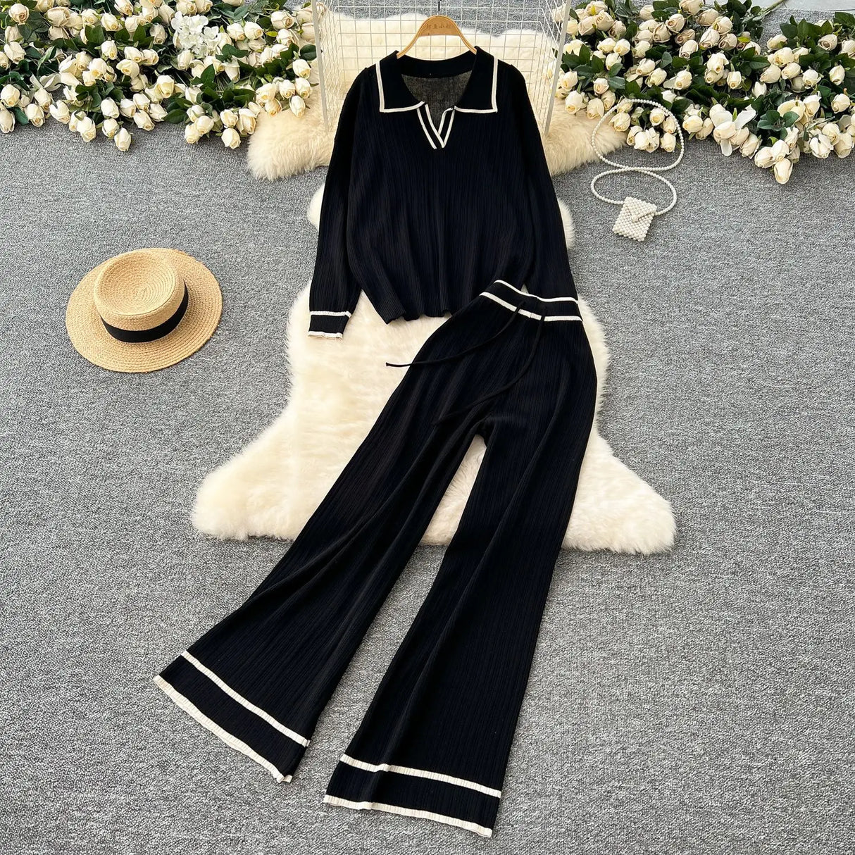 Pant Set Women Two Piece Sets Full Sleeve Turn Down Collar Tops Wide Leg Long Pants Y2k Streetwear Work High Waist Autumn Winter