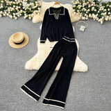 Pant Set Women Two Piece Sets Full Sleeve Turn Down Collar Tops Wide Leg Long Pants Y2k Streetwear Work High Waist Autumn Winter