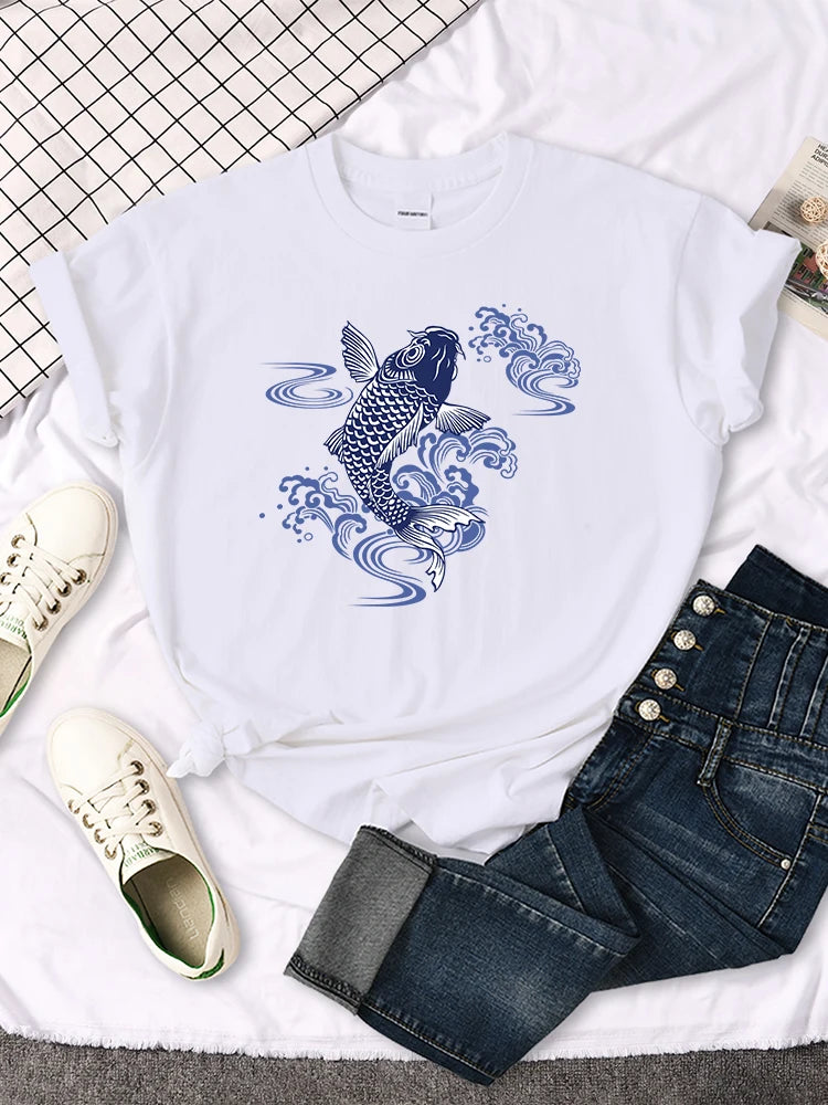 Tshirt For Woman Paper Cut Koi Good Luck Printing Womens T Shirt Kawaii Fashion Women Top Roud Neck Breathable Tshirts For Women