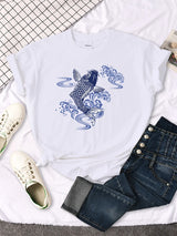 Tshirt For Woman Paper Cut Koi Good Luck Printing Womens T Shirt Kawaii Fashion Women Top Roud Neck Breathable Tshirts For Women