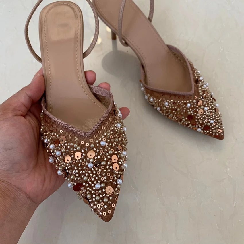 New Beaded Mesh Slingback High Heels For Women Luxury Pointed toe Heeled Pumps Office Lady Pumps Summer Stiletto Shoe Sandals