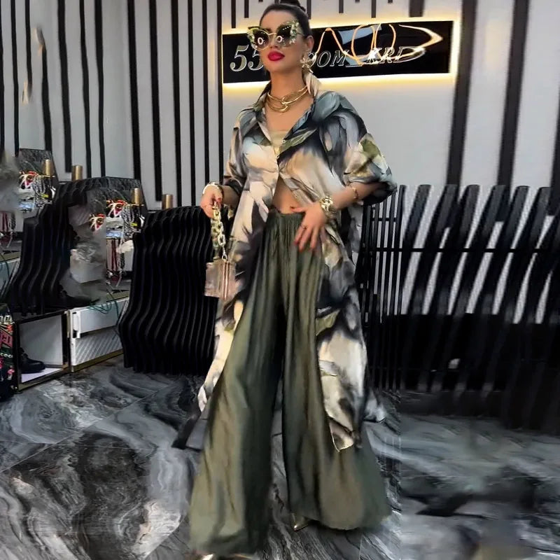 Women Pant Sets Print Shirts Two Piece Single Breasted Long Cardigan Fulls Sleeve Spliced Elegant High Waist Pants Office Lady