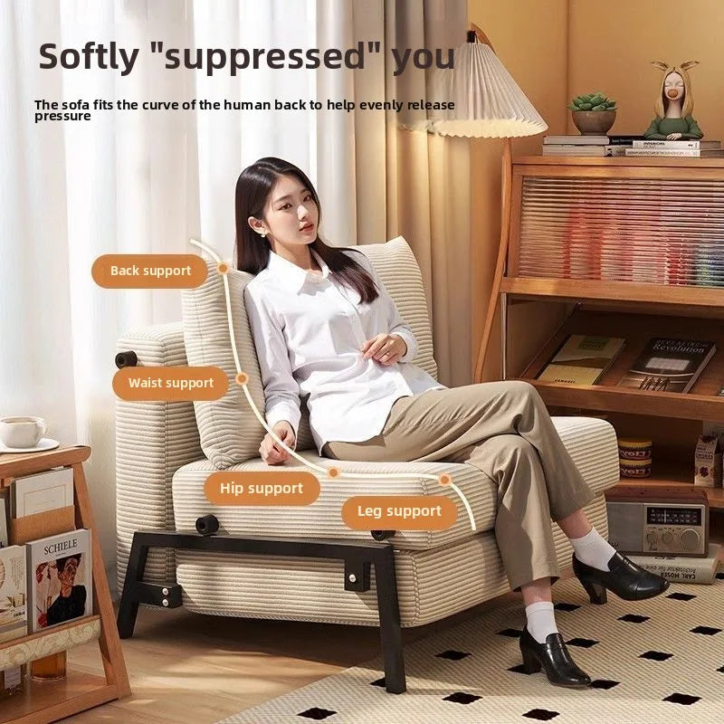 Sofa Bed, Foldable Single Push-pull Bed for Living Room, Study Room and Balcony, Retro Fabric Sofa for Small Apartment, Corduroy