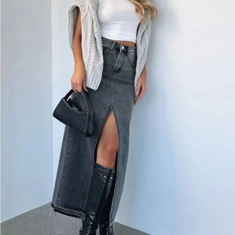 New Women's High Waisted Slit Denim Skirt Fashion Long Half Skirts for Women