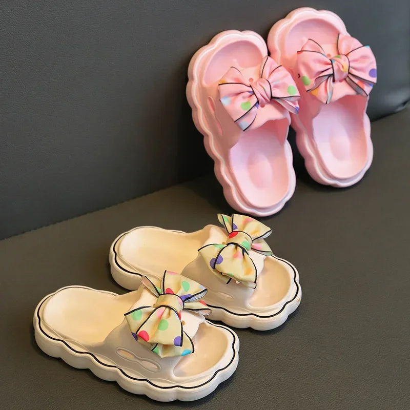 Children Slippers Girls Wearing Soft Soled Slippers Outside Cute Bow Anti Slip Bathroom Slippers Contrast Color Kid Slippers