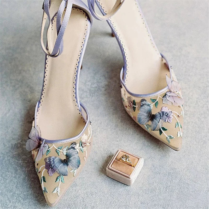 New pointed mesh chiffon butterfly luxurious embroidery flower temperament wedding shoes ankle strap high heels for women