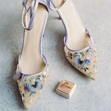 New pointed mesh chiffon butterfly luxurious embroidery flower temperament wedding shoes ankle strap high heels for women