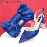 2025 Heel Shoes for Women Hollowed Out Embroidery Rhinestone Italian Design Green Color Pointed-Toe Shoes and Bags Set