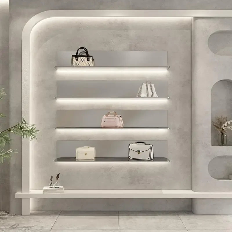 Shoe Bag Display Storage Rack with Lamp Modern Stainless Steel Wall Store Display Shelf Floating Wall Shelves Organization Racks