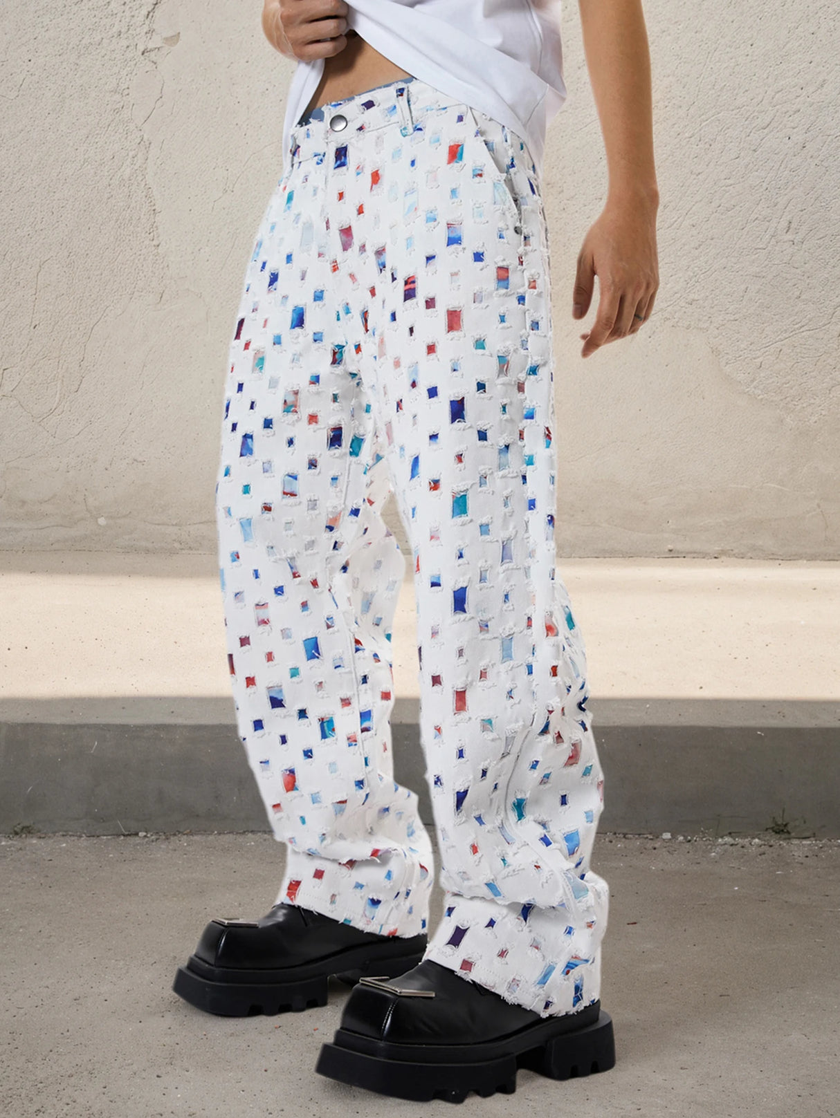 Straight Leg Streetwear White Baggy Jeans for Men Loose Fit Denim Pants Mid Waist Trousers