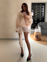 Women Layered Ruffles Hem Lace Up Mini Dress Fashion Long Flared Sleeve High Waist A-line Short Vestidos Lady Vacation Gown New