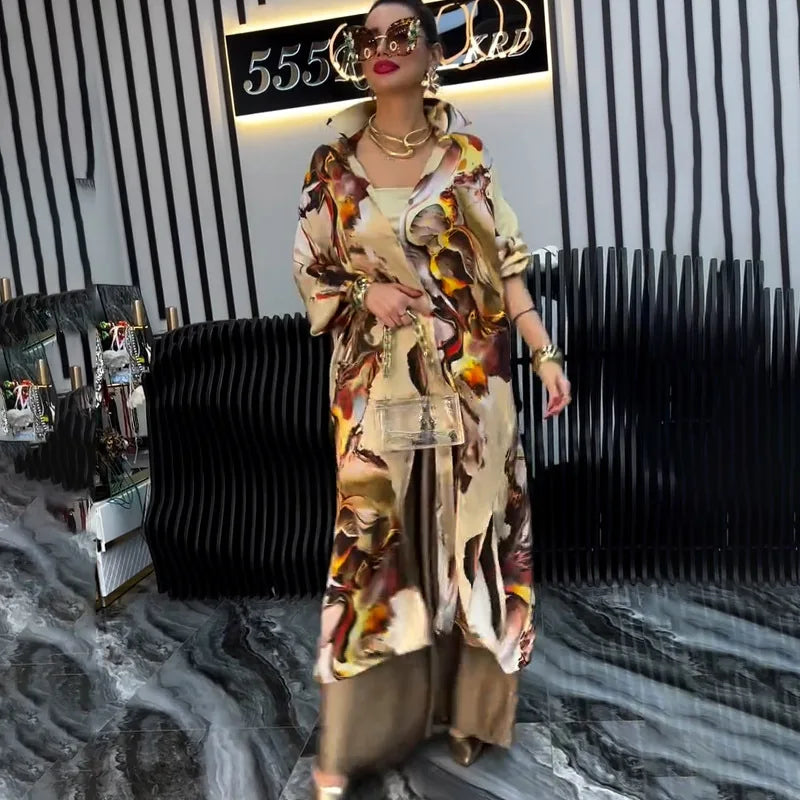 Women Pant Sets Print Shirts Two Piece Single Breasted Long Cardigan Fulls Sleeve Spliced Elegant High Waist Pants Office Lady