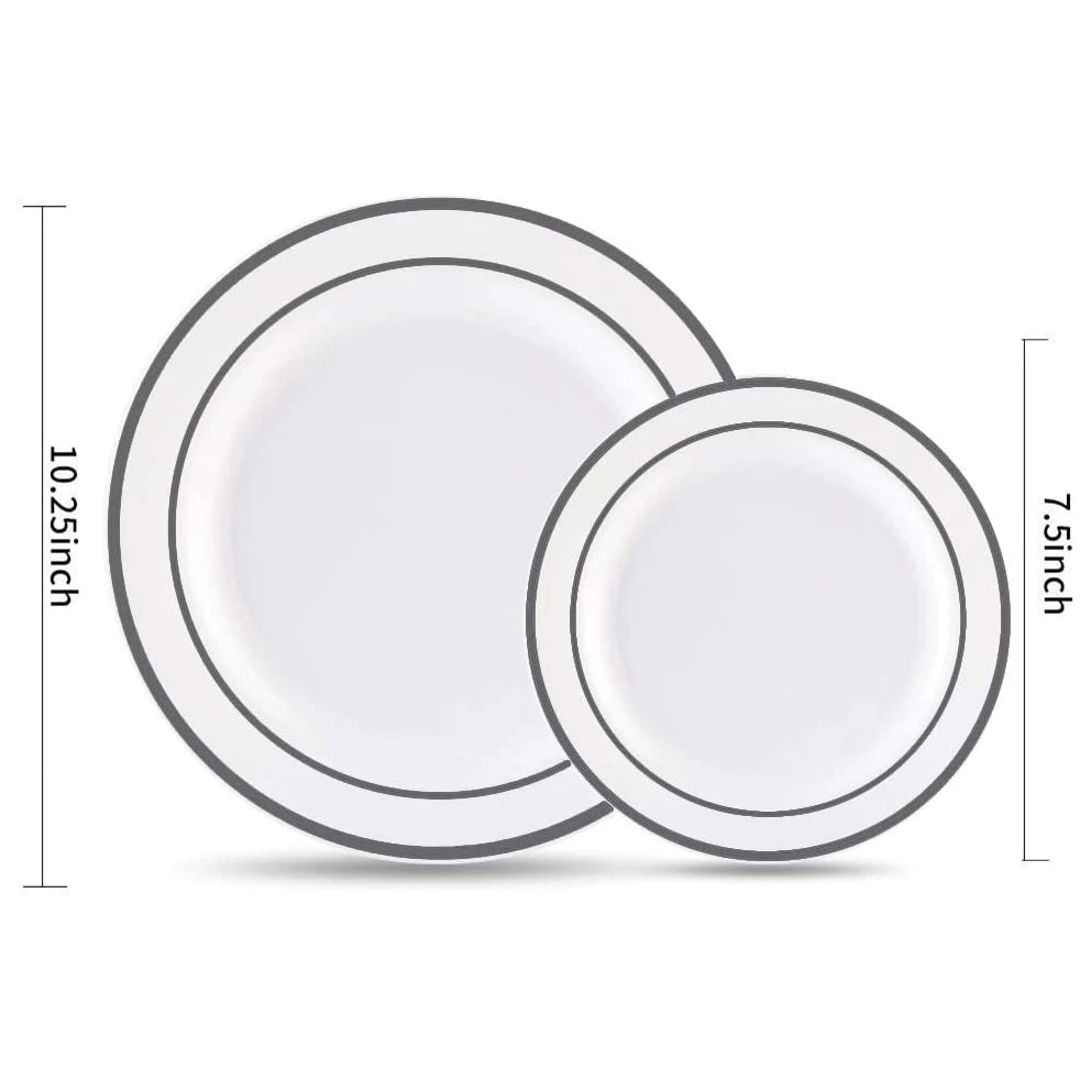 25/10PCS Silver Plastic Plates-Disposable Plastic Plates with Silver Rim- Wedding Party Plates Dinner Plates /Salad Plates