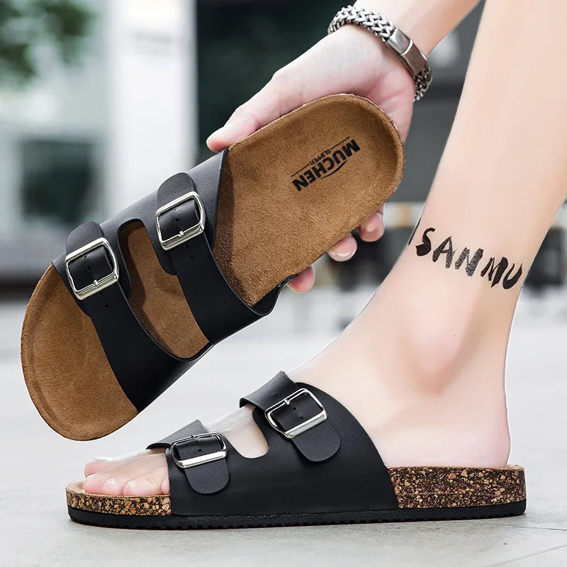 Kidmi Cork Footbed Sandals for Women Men Sandals Summer Beach Sandals Men Double Buckle Slip-On Sandals Nonslip Men Cork Sandals