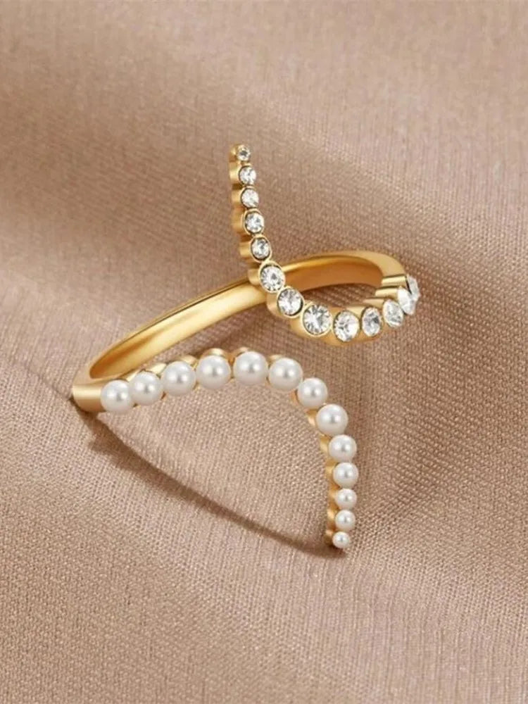 ORZTOON Fashion Creative Simple Gold Color Pearl Shiny Zircon Open Ring For Women Birthday Gift Ring For Women Party Jewelry