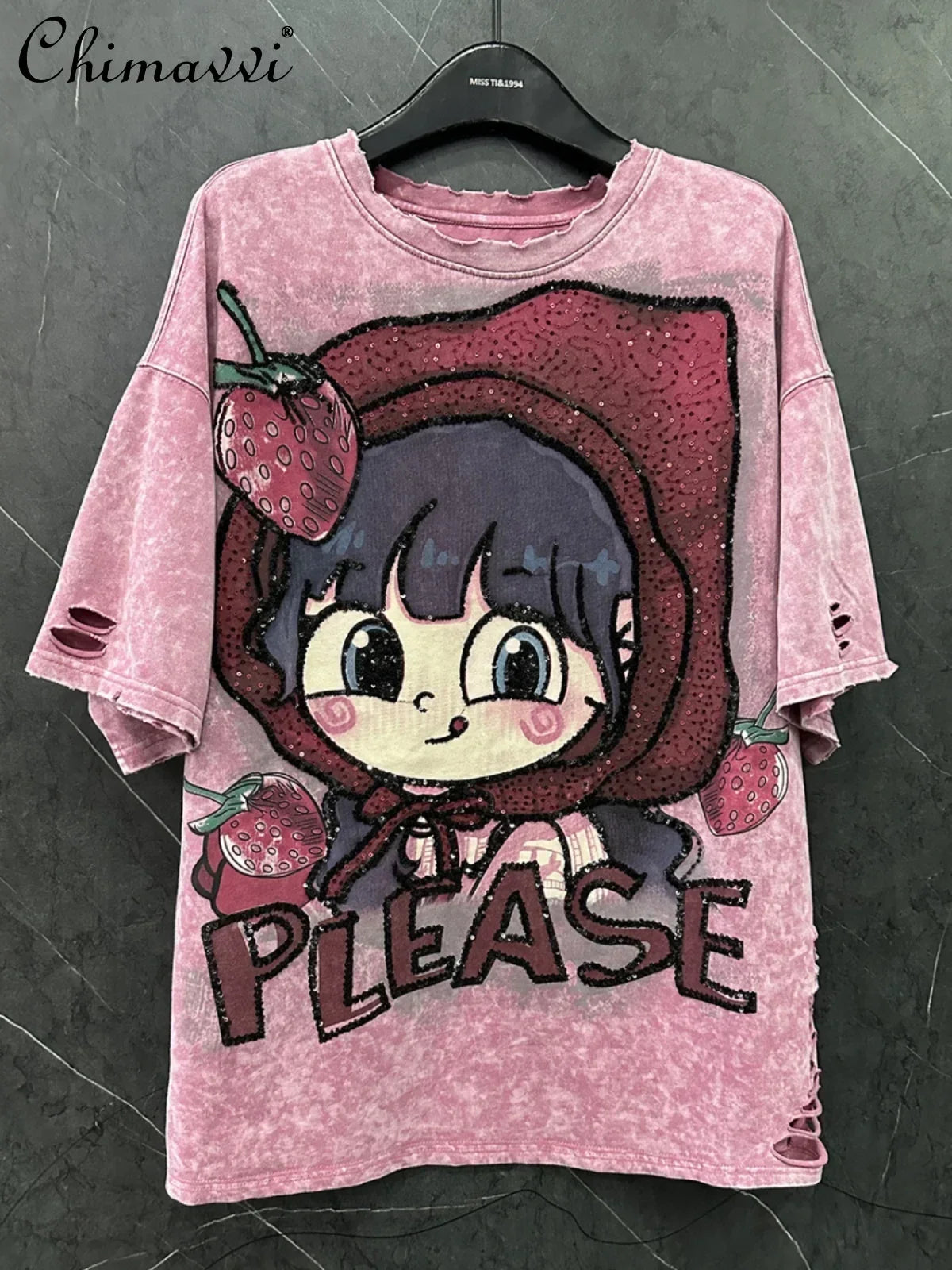 Fashion Hole Design Cartoon Strawberry Girl Sweet T-shirt Top Winter Loose Short-sleeved Women Half-sleeved Tshirts for Women
