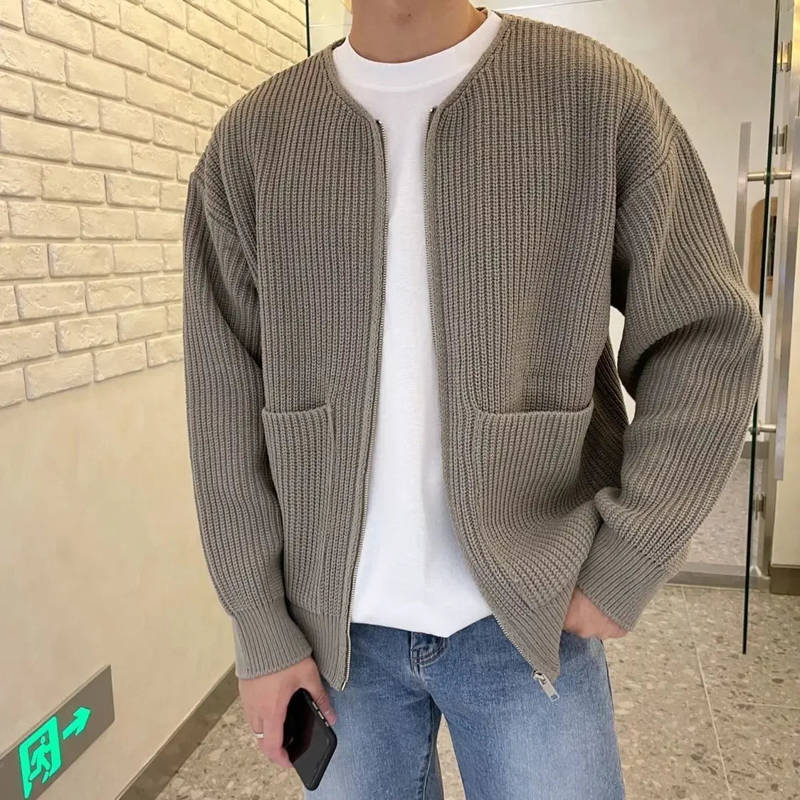 Man Clothes Casual Cardigan Knitted Sweaters for Men Solid Color with Pockets Crewneck Zip-up Round Collar Plain Zipper Order S